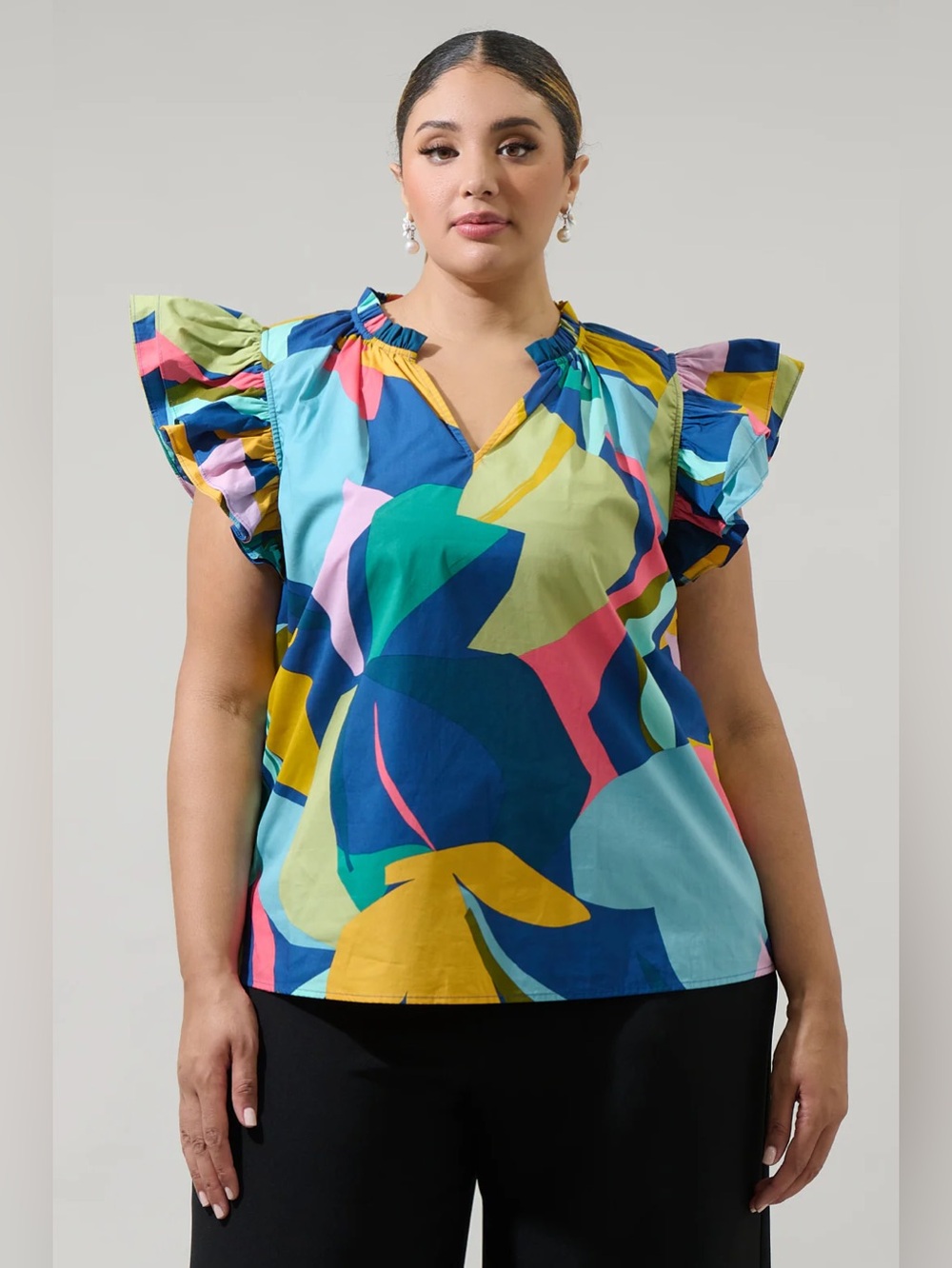Gia Abstract Risette Ruffle Split Neck Top